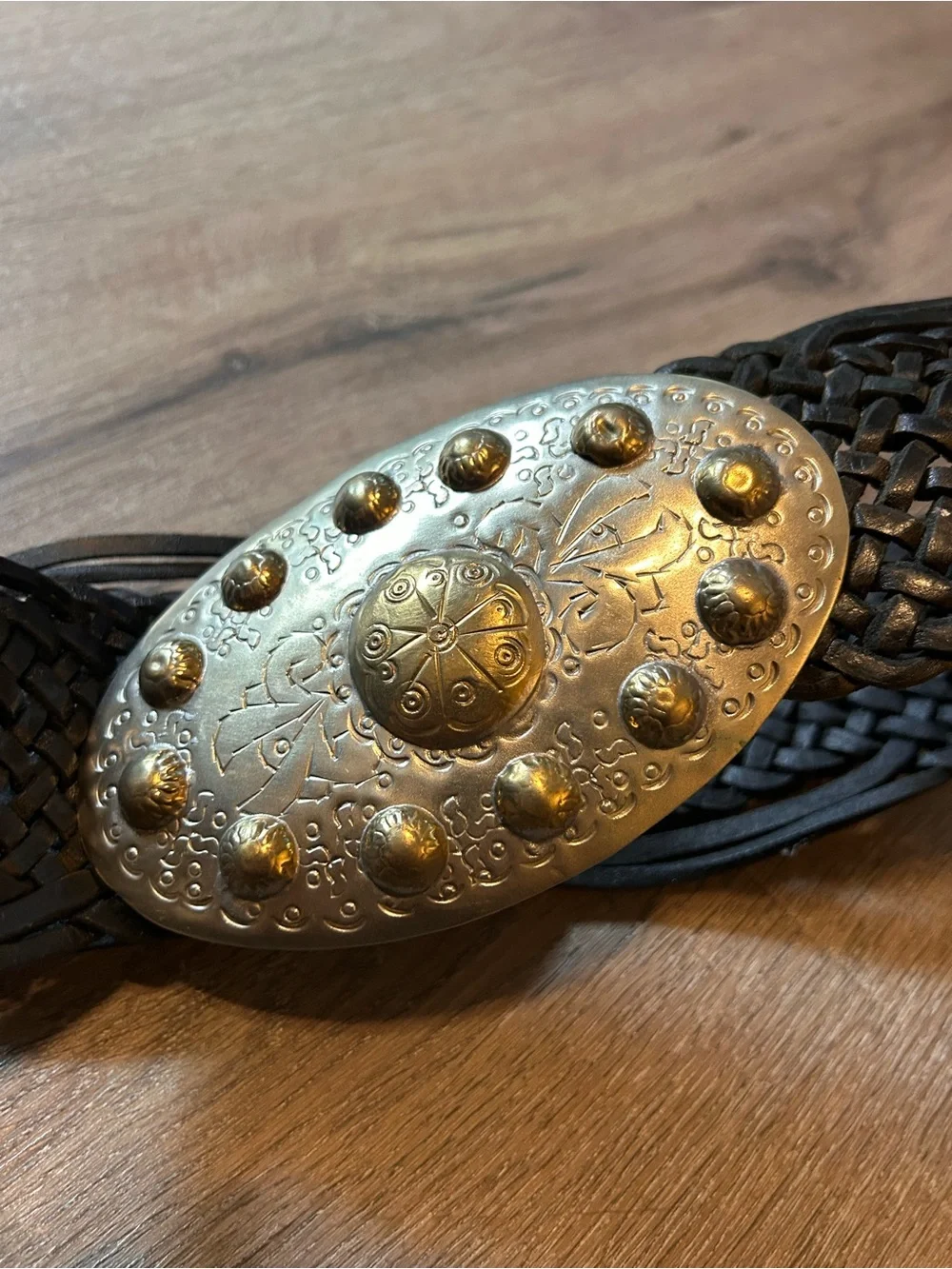 Chico’s Belt Womens S Black Leather Braided Western Concho Oval Buckle Studded